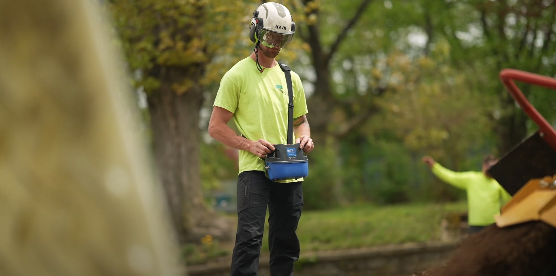 Professional tree care specialist - Licensed and insured arborists Certified arborist with safety helmet and professional tree care equipment providing expert tree services